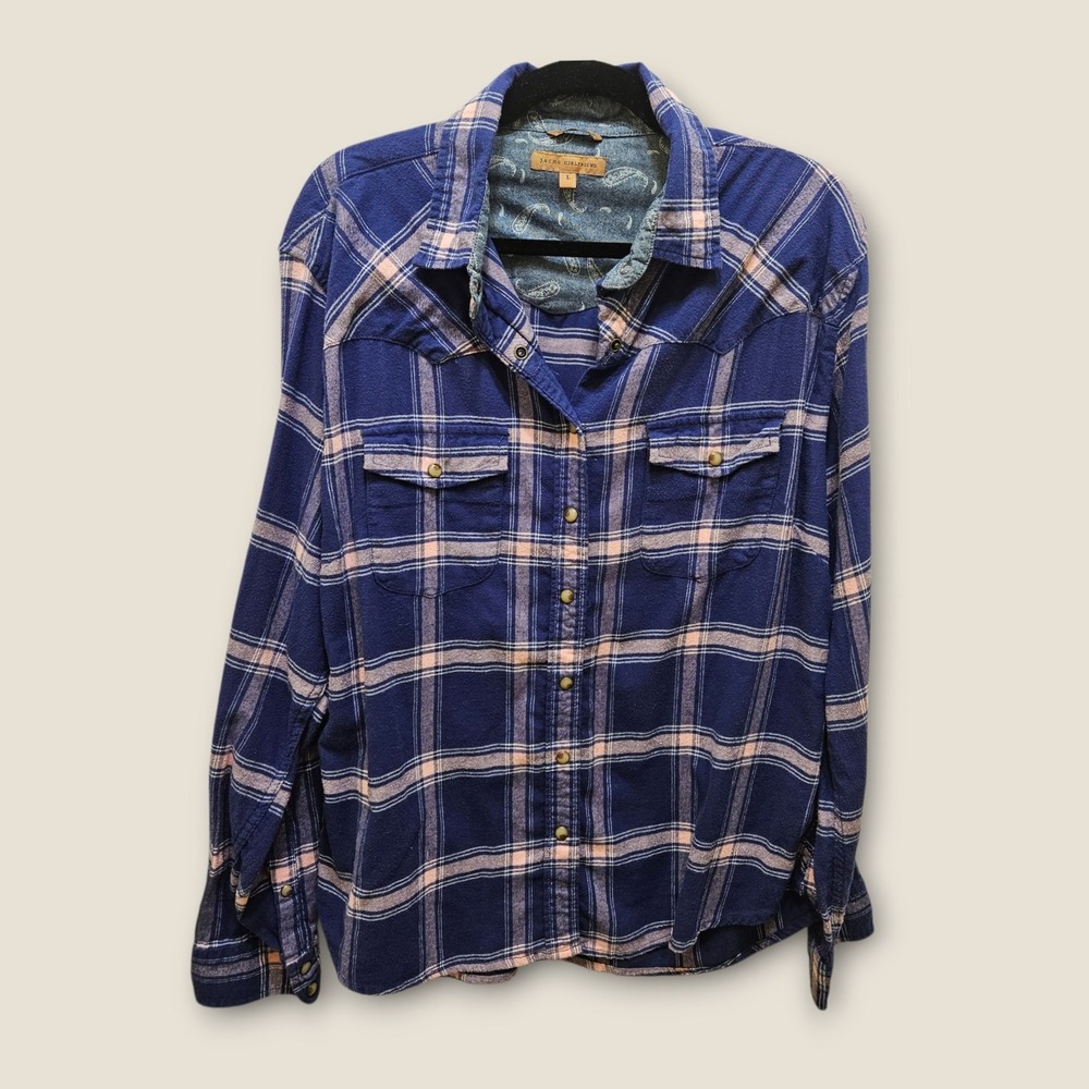 Jachs Girlfriend Womens Flannel‎ Shirt L Blue Pink Plaid Comfort Stretch